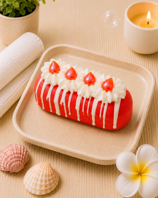 A red cake roll decorated with white whipped cream and four red cherries, served on a beige tray with a candle, shells, and a small plant in the background.