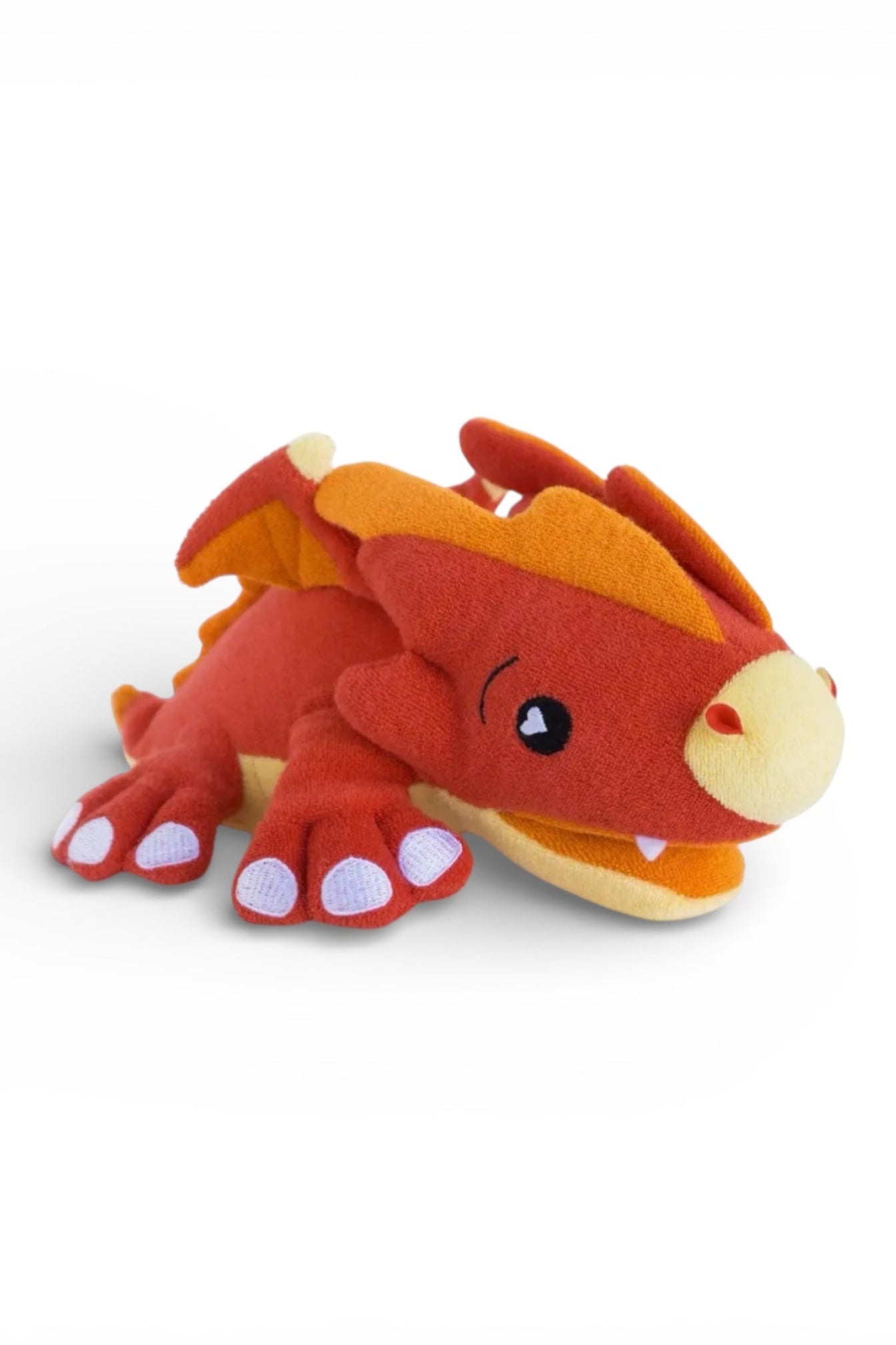 Red dragon plush toy on a white background