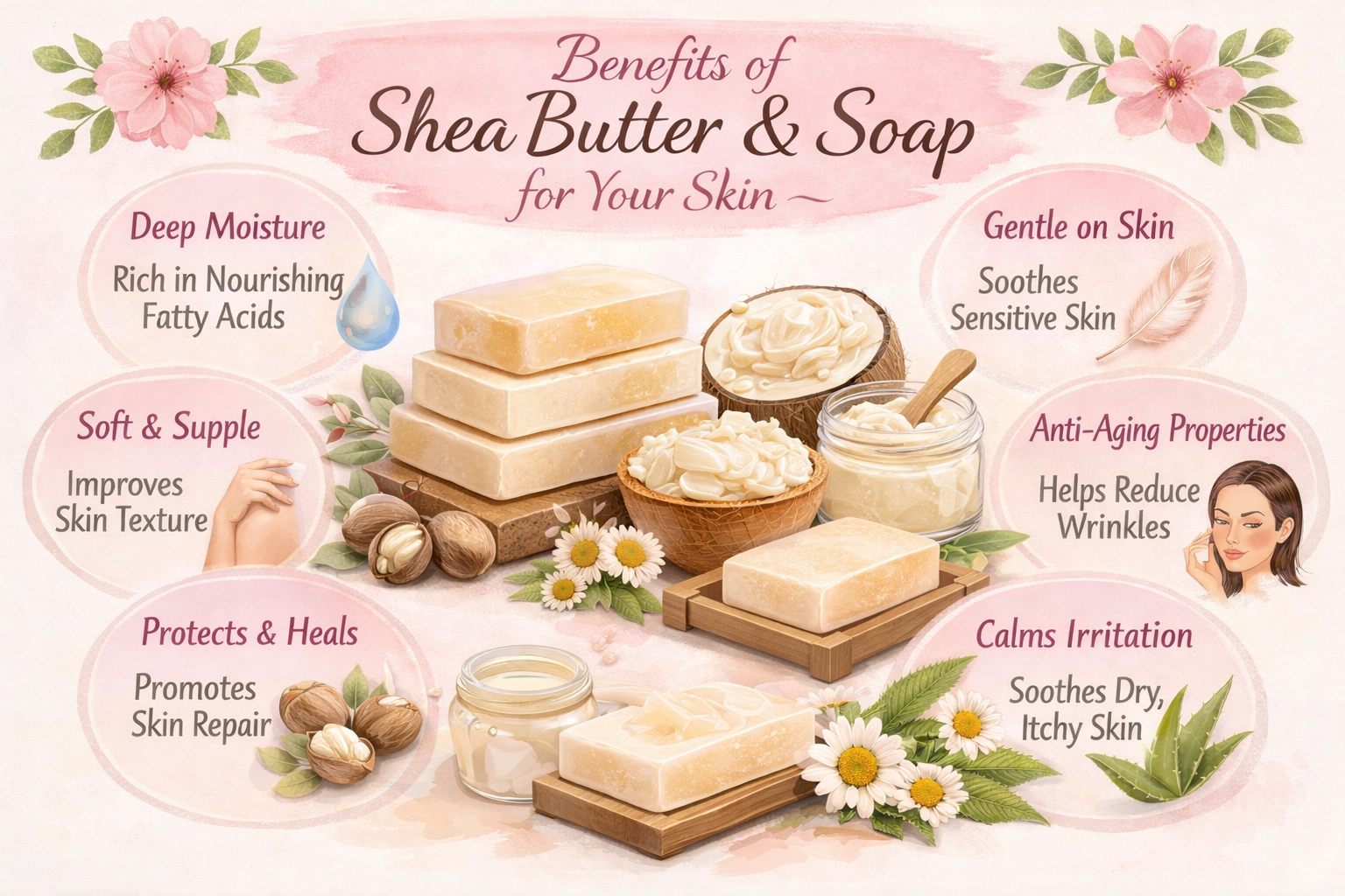 Shea butter and soap benefits with images and text on a pink background