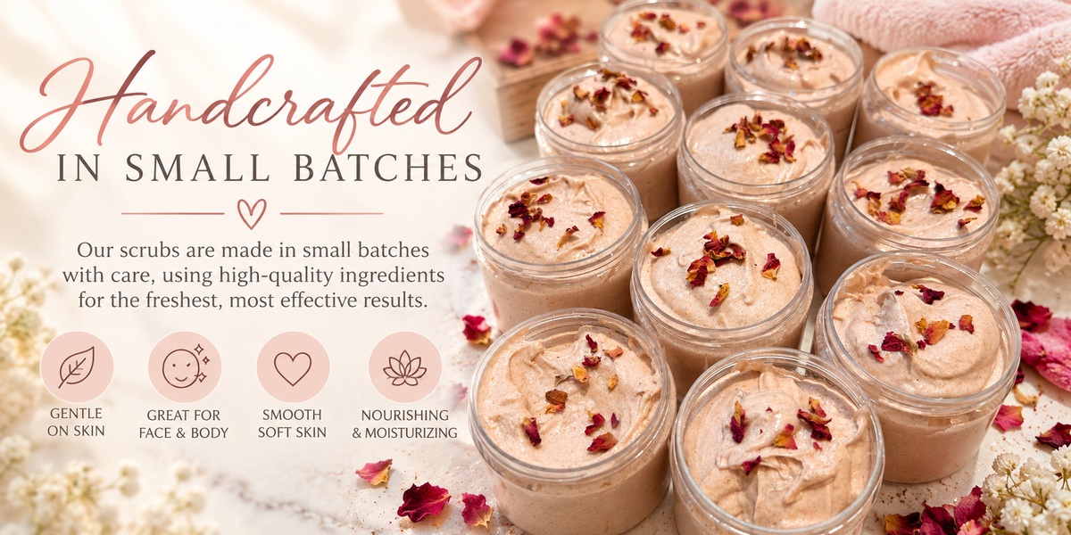 A promotional graphic for handmade body scrubs, showing multiple small clear jars filled with beige scrub and topped with dried rose petals, arranged on a soft cream surface with floral accents. Large text reads 'Handcrafted in Small Batches' with descriptive copy and feature icons below.