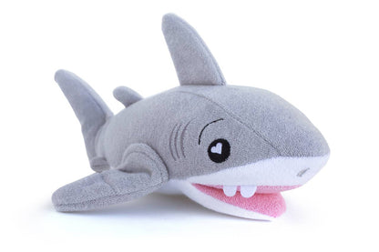 Plush shark toy on a white background