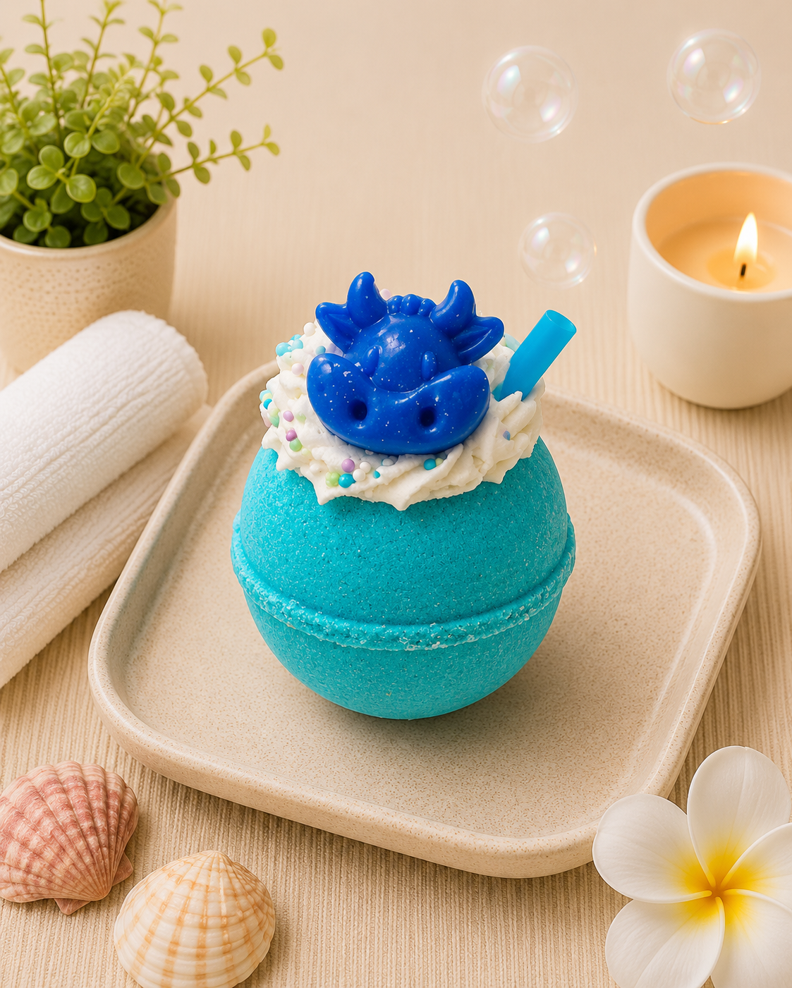 Blue bath bomb with a dinosaur design on a beige tray with bubbles and a candle in the background.