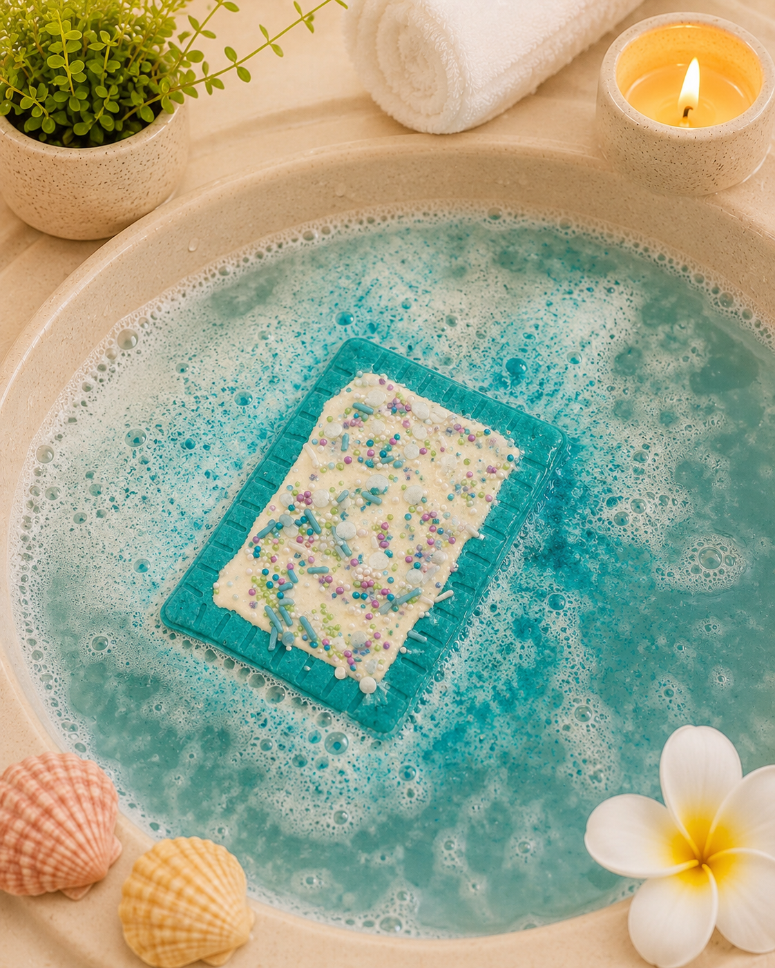 Decorative bath mat with colorful beads in a bubble bath setting with candles and flowers.