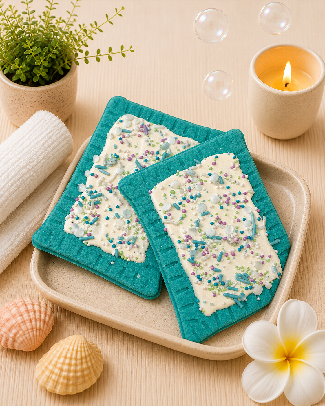 Two decorative coasters with blue borders on a wooden tray, surrounded by a candle, plant, and shells.