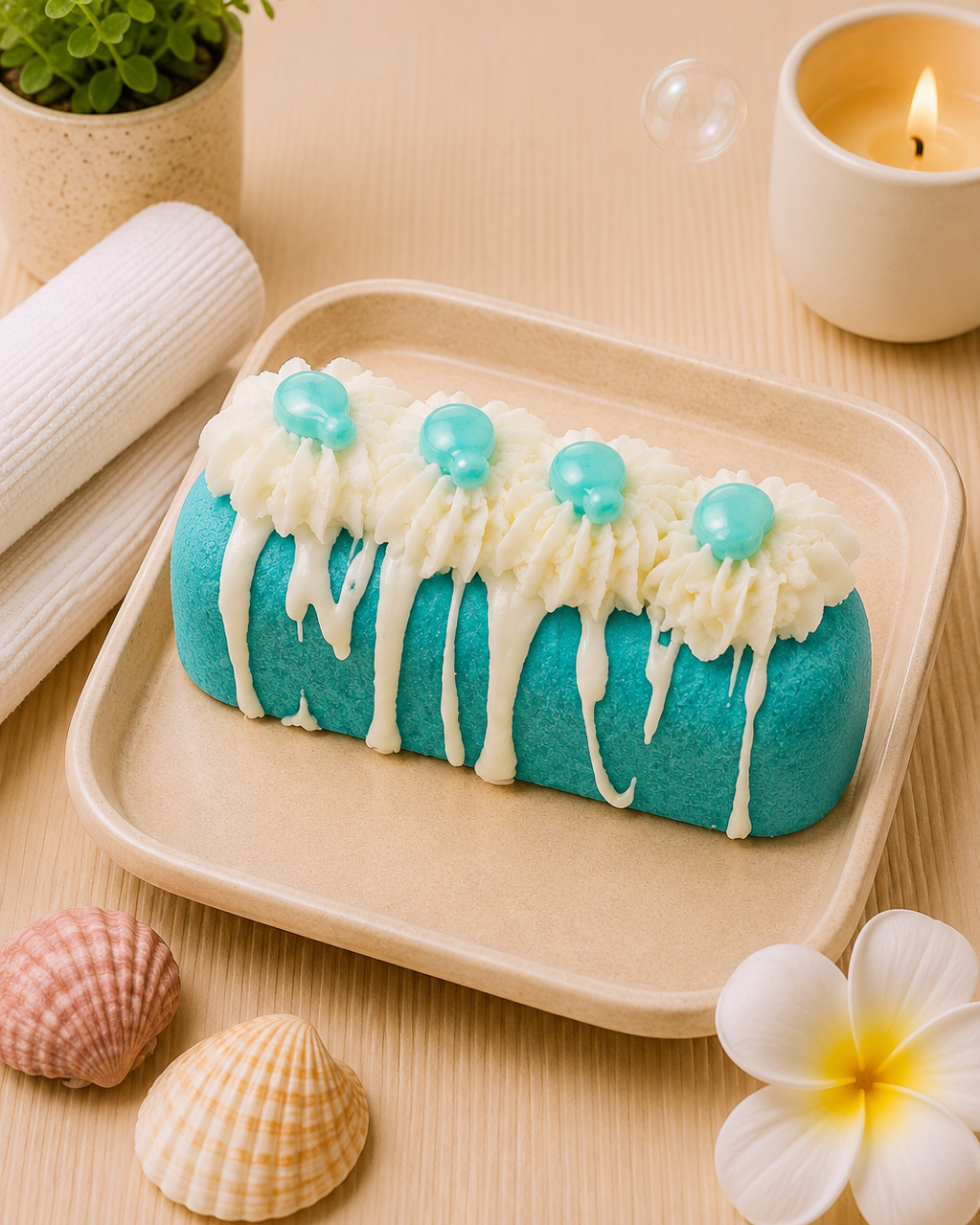 A rectangular blue cake or dessert with white frosting and three turquoise spheres on top, presented on a beige tray with seashells, a candle, and a small plant in a warm beach-themed setting.