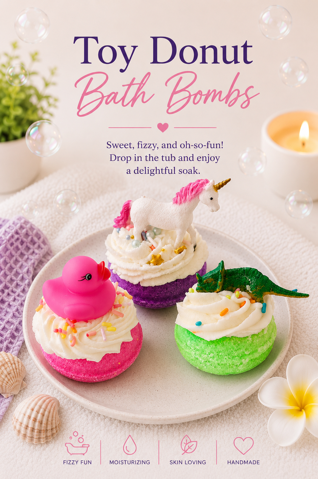 Toy Donut Bath Bombs with unicorn design on a white plate, surrounded by bath bombs and flowers.