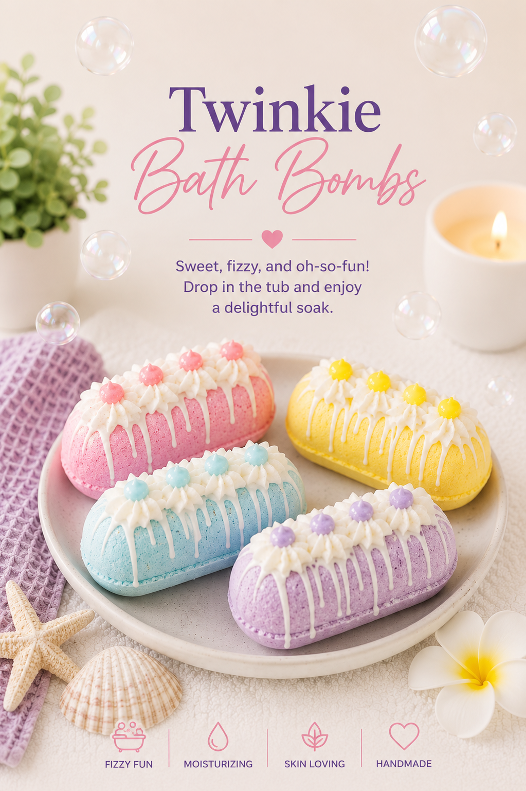 Twinkie-shaped bath bombs on a plate with decorative elements and text about the product.