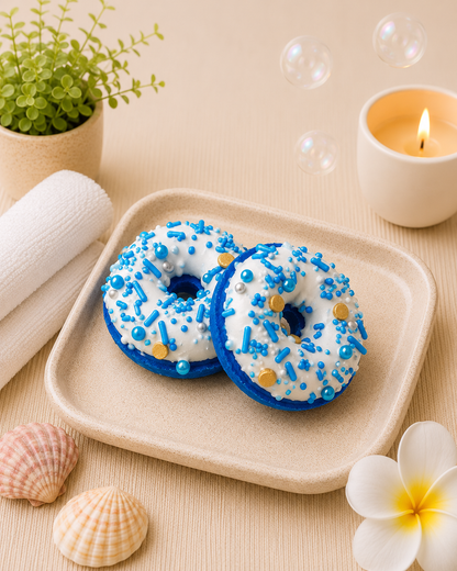 Two blue and white donuts with sprinkles on a beige plate, surrounded by bubbles, shells, and a candle.