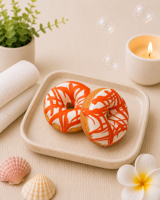 Two orange and white patterned donuts on a beige plate with a candle, shells, and flowers in the background.