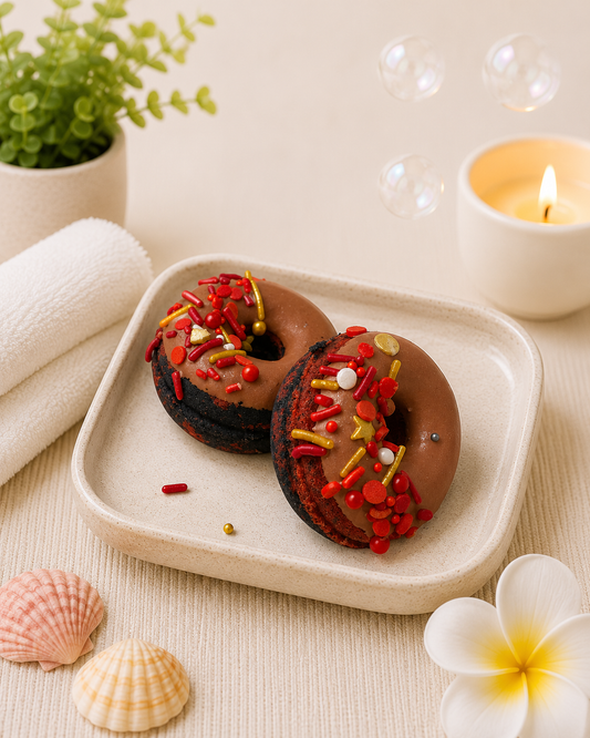 Two chocolate donuts with red and yellow toppings on a white plate, surrounded by bubbles, a candle, and decorative items.