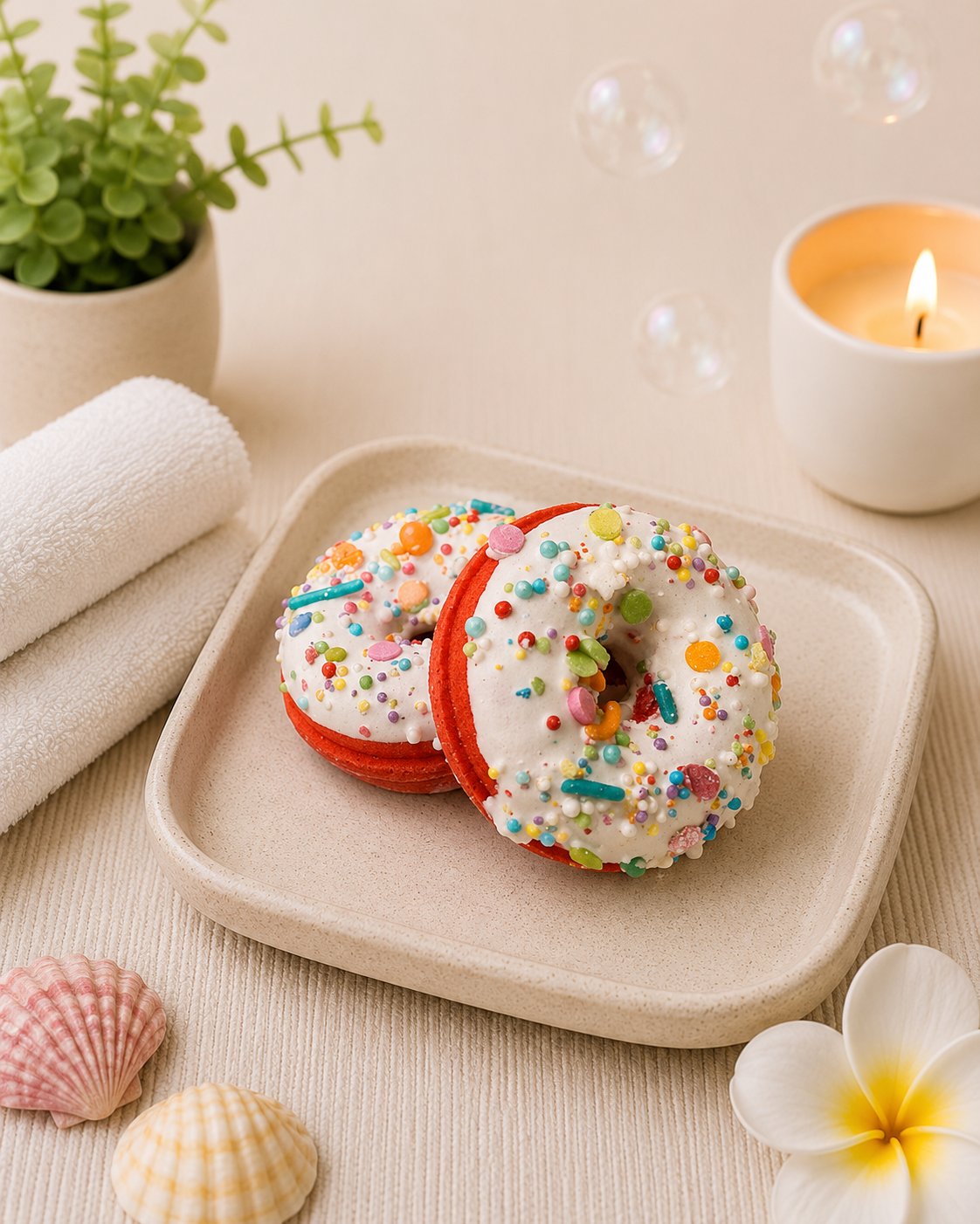 Two colorful donuts on a plate with a candle, shells, and a plant in the background.