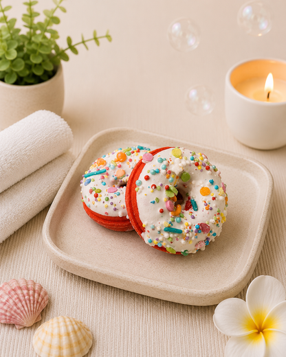 Two colorful donuts on a plate with a candle, shells, and a plant in the background.