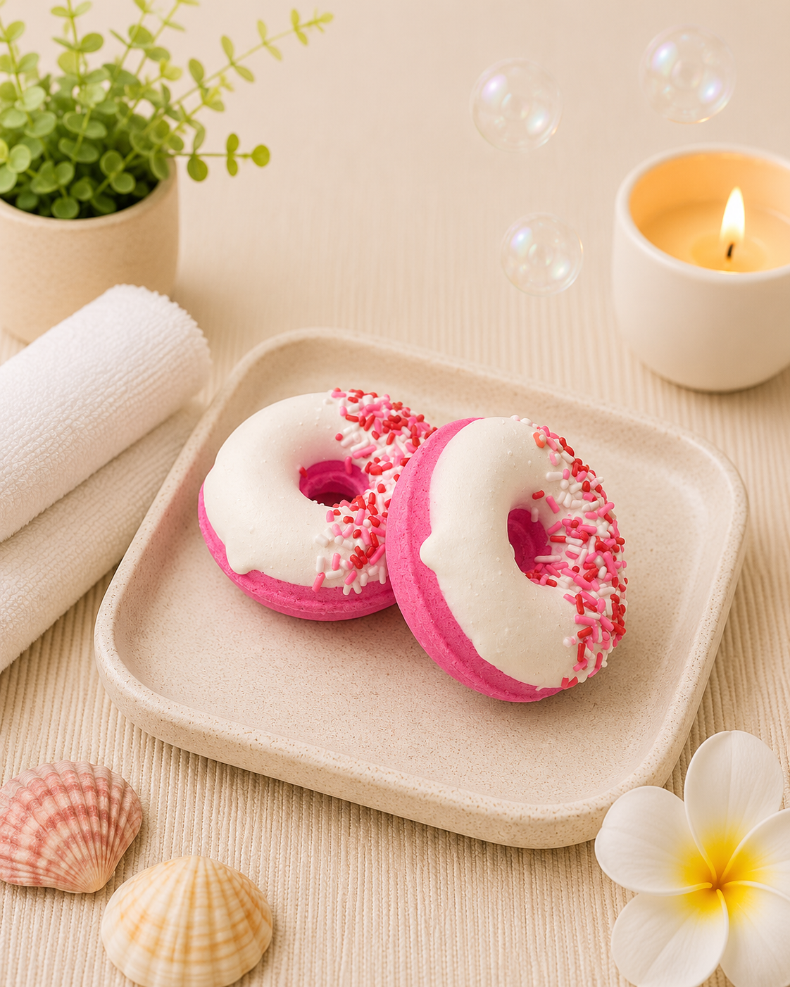 Two pink and white donut-shaped soaps on a beige plate with a candle, towel, and plant in the background.