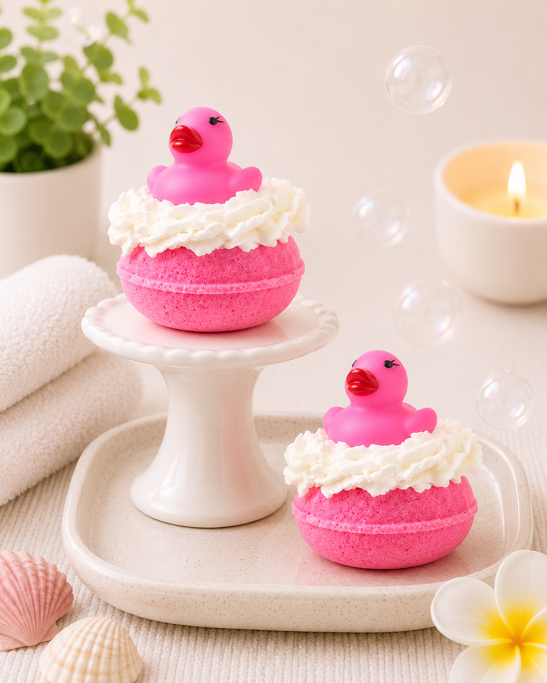 Pink duck-shaped bath bombs with white cream on a decorative stand with a candle and flowers in the background.