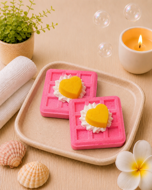 Pink heart-shaped soap molds on a wooden tray with a candle and plant in the background.