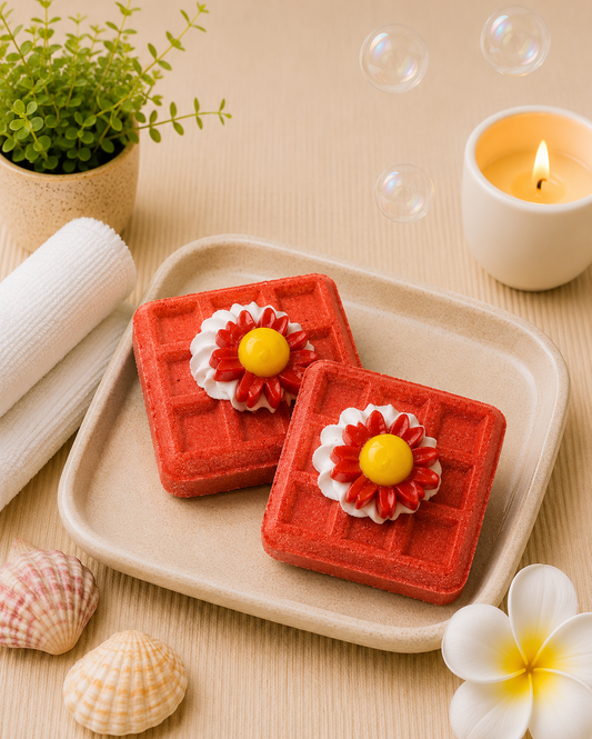 Two red square coasters with floral designs on a beige tray, surrounded by bubbles and a candle.