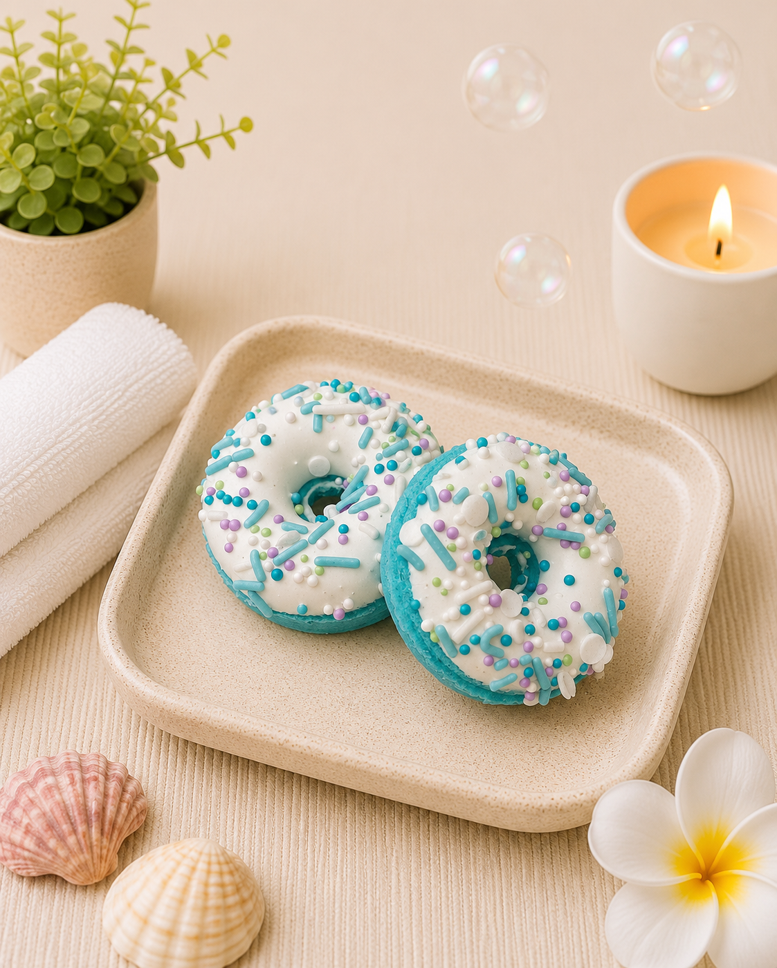Two blue and white decorated donuts on a plate with a candle, flowers, and shells in the background.