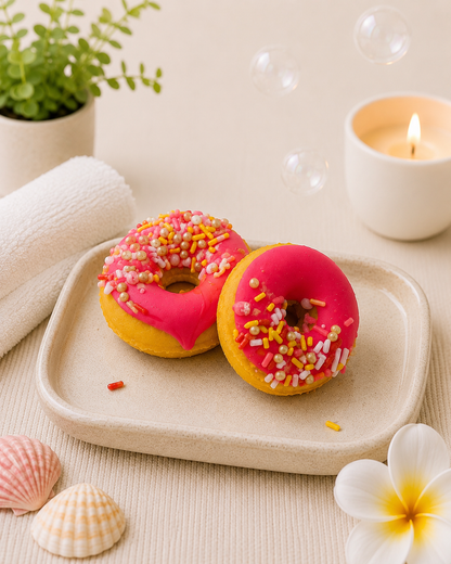 Two pink-glazed donuts with sprinkles on a beige plate, surrounded by a candle, shells, and a flower.
