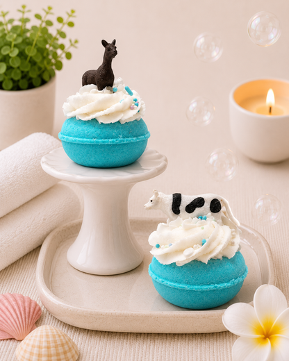 two toys on two teal donut bath bombs