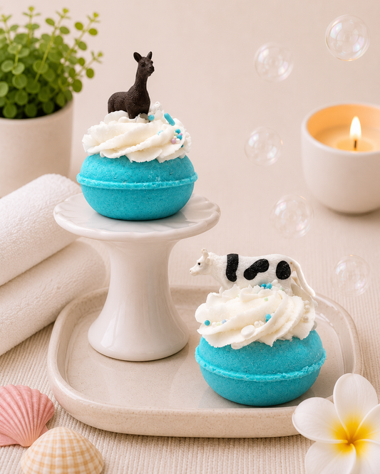 two toys on two teal donut bath bombs