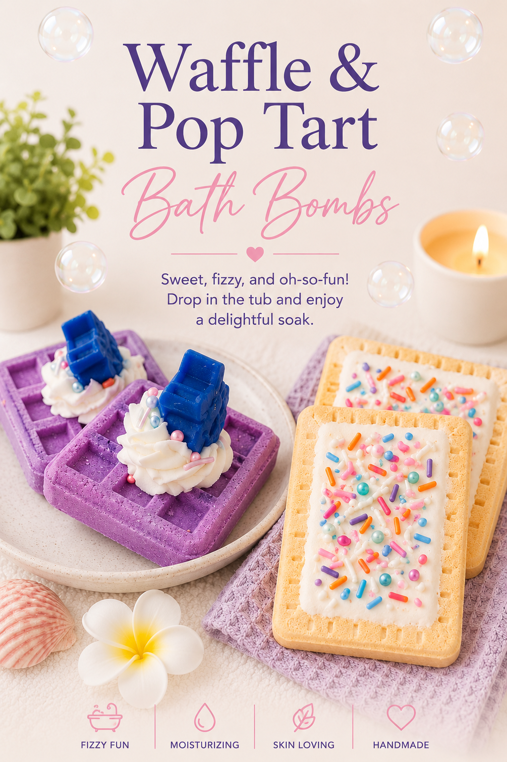 Waffle and Pop Tart bath bombs on a plate with decorative elements.