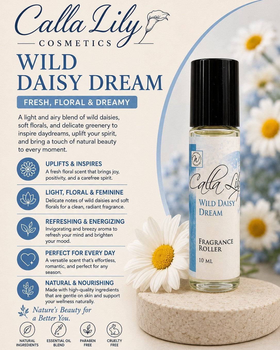 Calla Lily Wild Daisy Dream fragrance roller with daisies on a natural stone surface