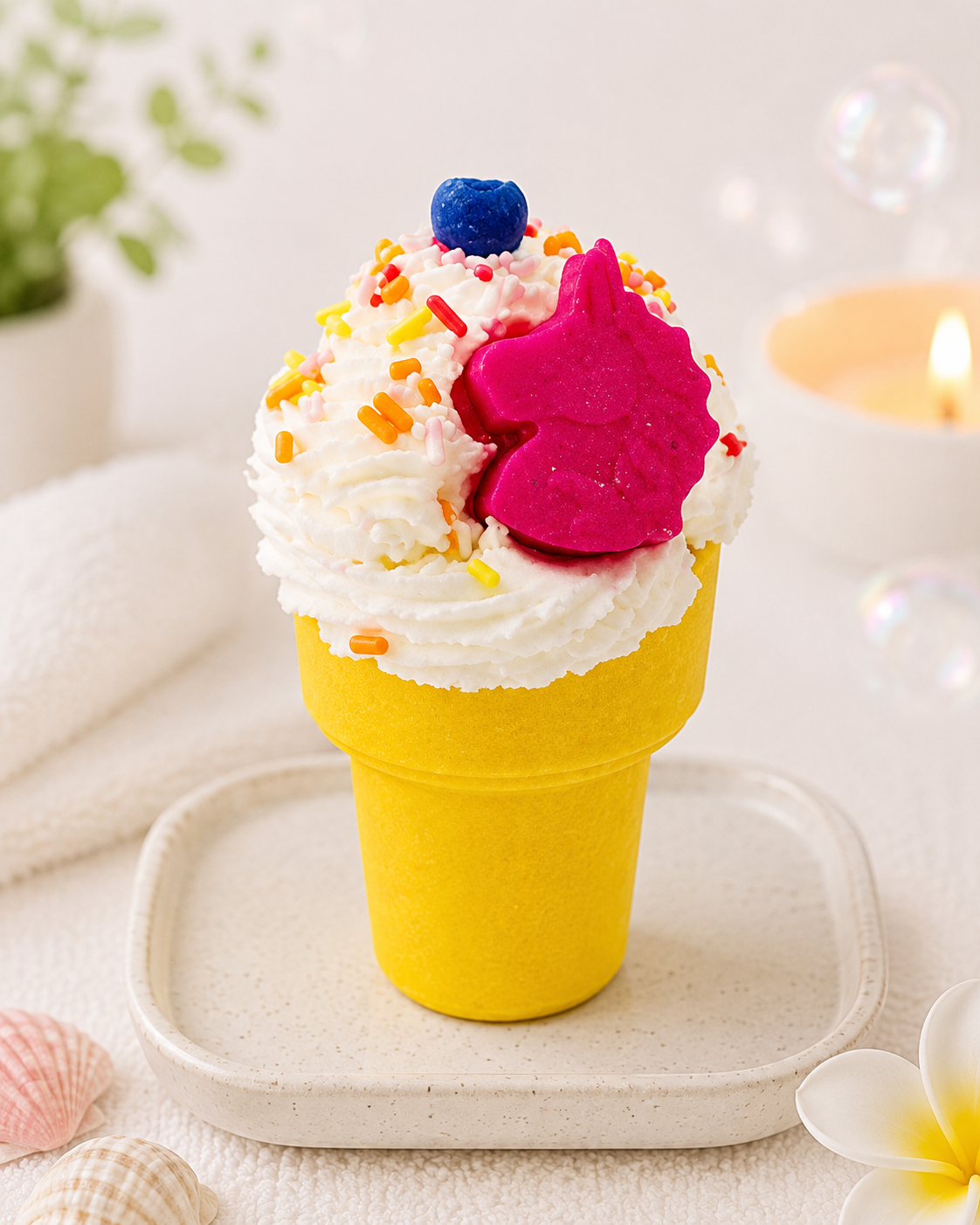 Colorful ice cream cone-shaped object with whipped cream and a pink heart on a white surface.