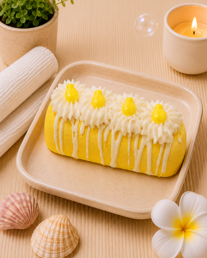 A yellow banana cake with white frosting and yellow fruit toppings, served on a beige rectangular plate. The scene is styled with a small potted plant, a lit candle, seashells, and a white flower on a light beige wooden surface.