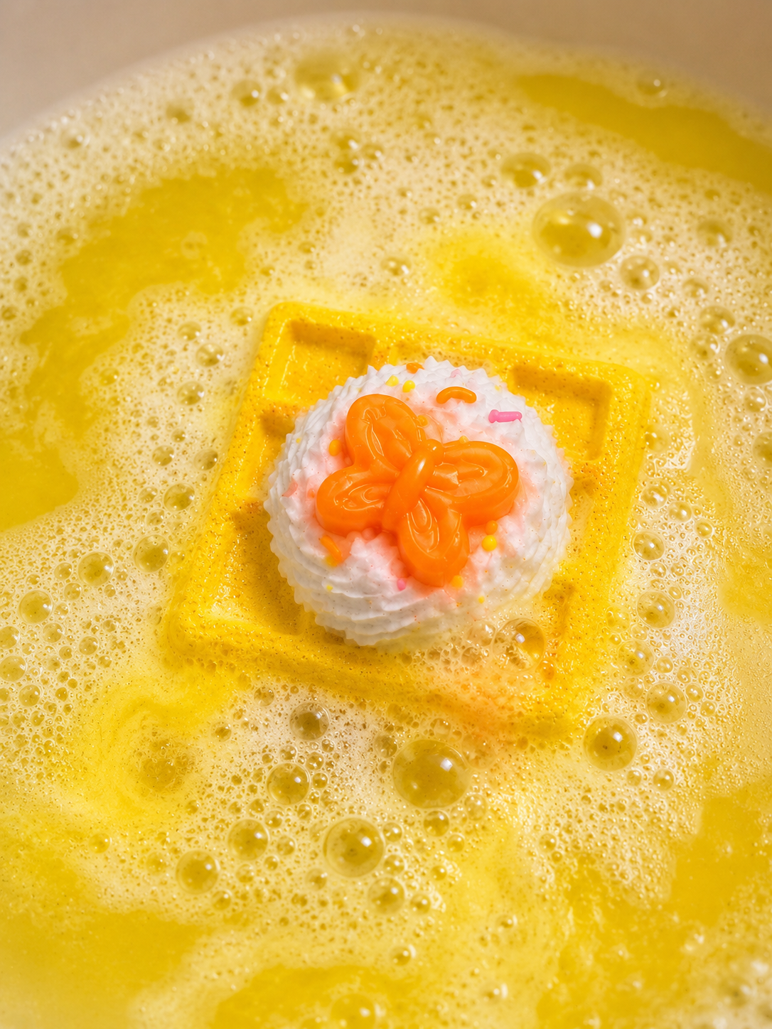 Yellow square cake with a butterfly decoration in a yellow liquid